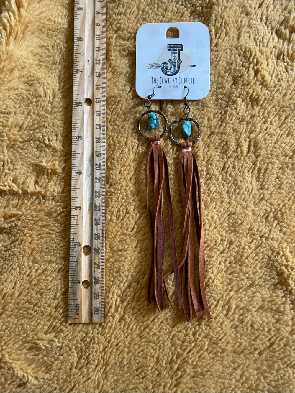 Turquoise & Brown Leather Fringe Boho Drop Earrings